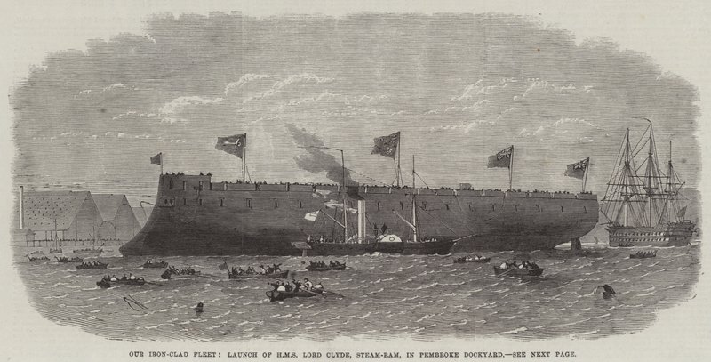 Nuestra flota acorazada, lanzamiento del HMS Lord Clyde, ariete de vapor, en el astillero de Pembroke de Edwin Weedon