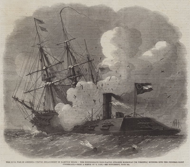 La Guerra Civil en América, Compromiso Naval en Hampton Roads, el Vapor Blindado Confederado Merrimac (o Virginia) chocando con el Bergantín Federal Cumberland de Edwin Weedon