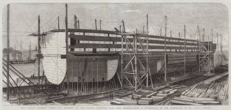 El Gran Barco de Vapor del Este en construcción en los astilleros, Millwall, 22,500 toneladas de carga de Edwin Weedon