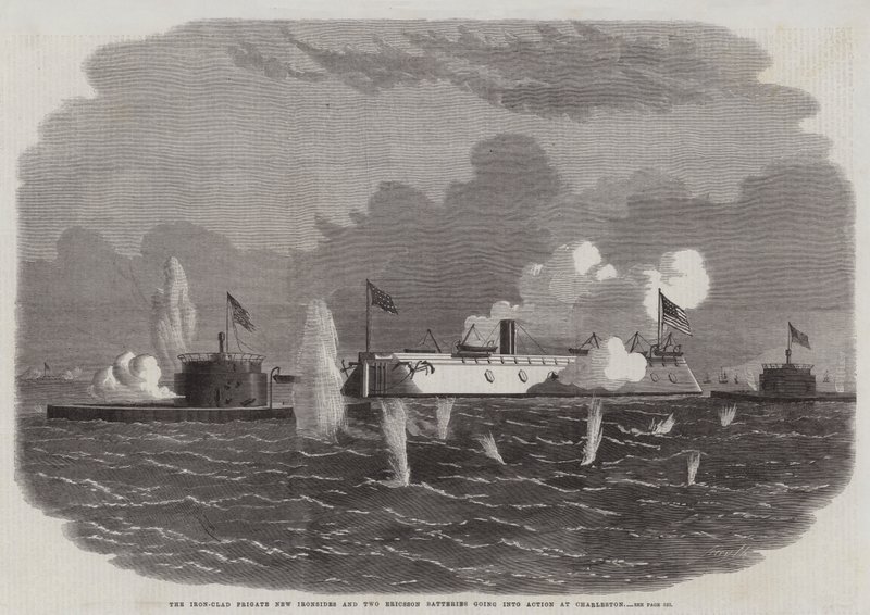 La fragata acorazada New Ironsides y dos baterías Ericsson entrando en acción en Charleston de Edwin Weedon