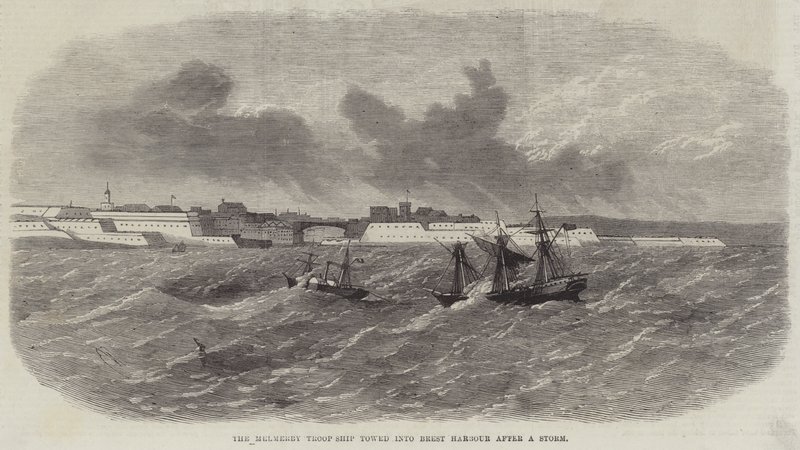 El barco de tropas Melmerby remolcado al puerto de Brest después de una tormenta de Edwin Weedon