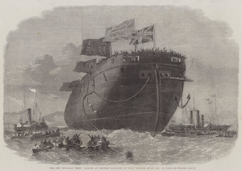 La nueva flota acorazada, lanzamiento en el astillero de Chatham del HMS Frigate Royal Oak, 50 cañones de Edwin Weedon