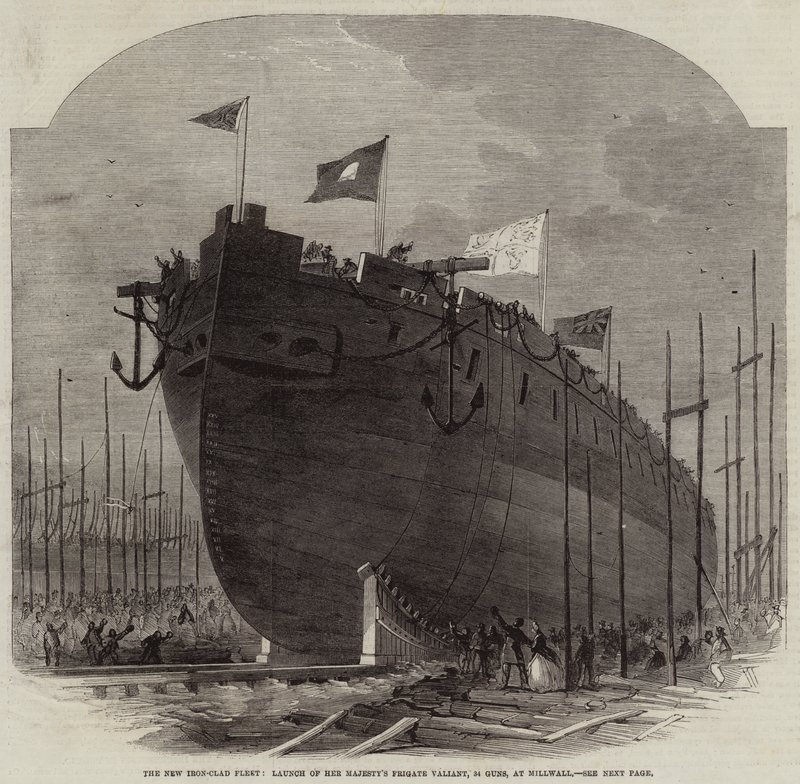 La nueva flota acorazada, lanzamiento de la fragata de Su Majestad Valiant, 34 cañones, en Millwall de Edwin Weedon