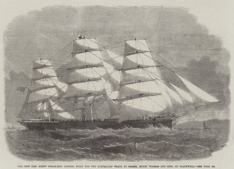El nuevo barco de vapor de hierro London, construido para el comercio australiano por Messers Money Wigram and Sons, en Blackwall de Edwin Weedon