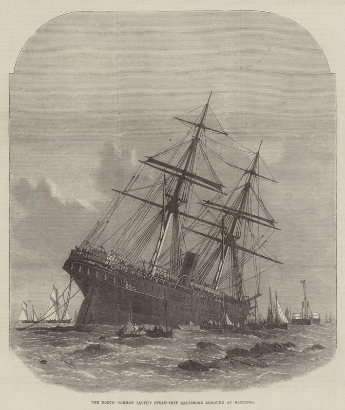 El vapor Baltimore de North German Lloyd encallado en Hastings de Edwin Weedon