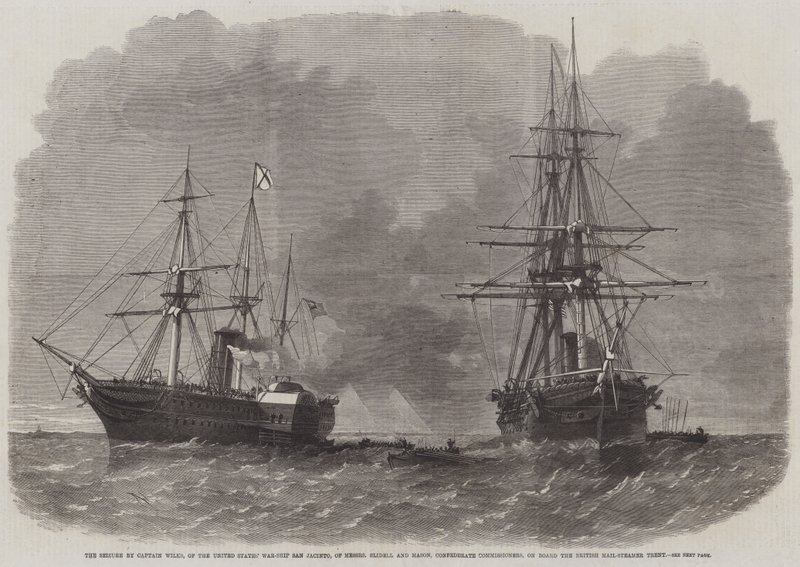 La captura por el Capitán Wilks, del buque de guerra estadounidense San Jacinto, de los señores Slidell y Mason, comisionados confederados, a bordo del vapor de correo británico Trent de Edwin Weedon