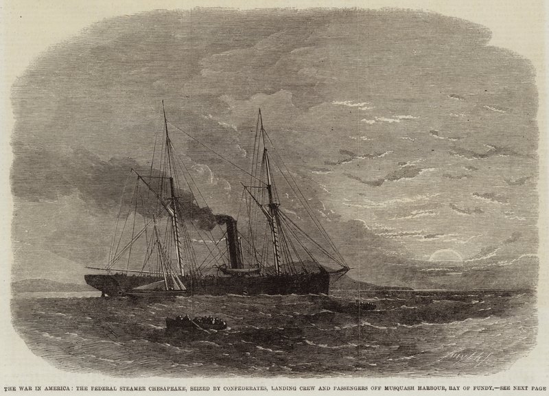La guerra en América, el vapor federal Chesapeake, incautado por los confederados, desembarcando tripulación y pasajeros en el puerto de Musquash, Bahía de Fundy de Edwin Weedon
