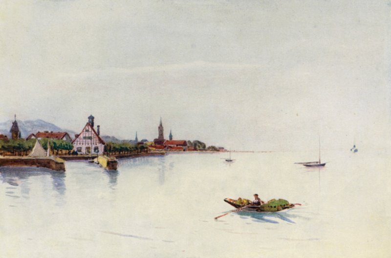 El Rin: Bregenz, Boden See, Lago de Constanza (litografía en color) de Effie Jardine