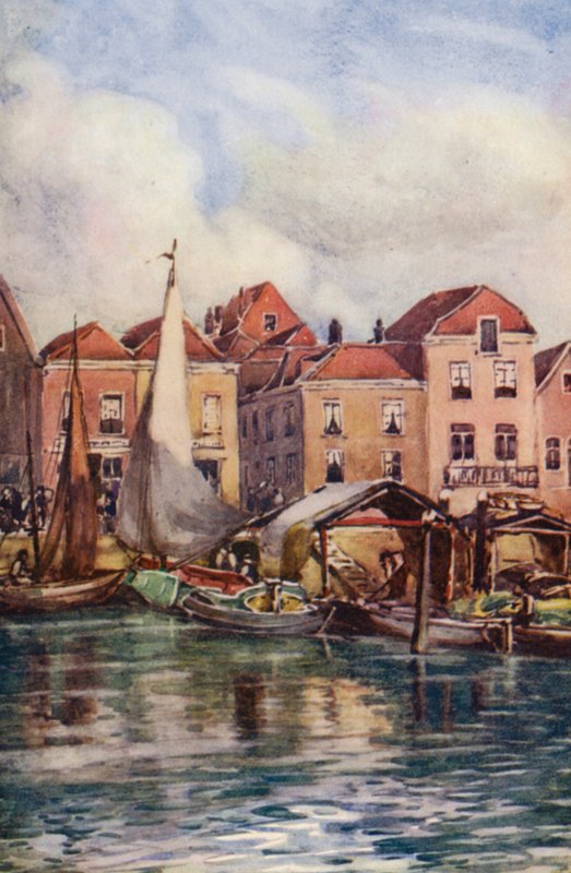 El Rin: Dordrecht, La Pescadería (litografía en color) de Effie Jardine