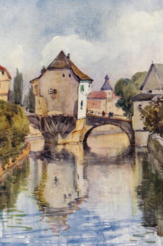 El Rin: Puente Viejo de Kreuznach (litografía en color) de Effie Jardine