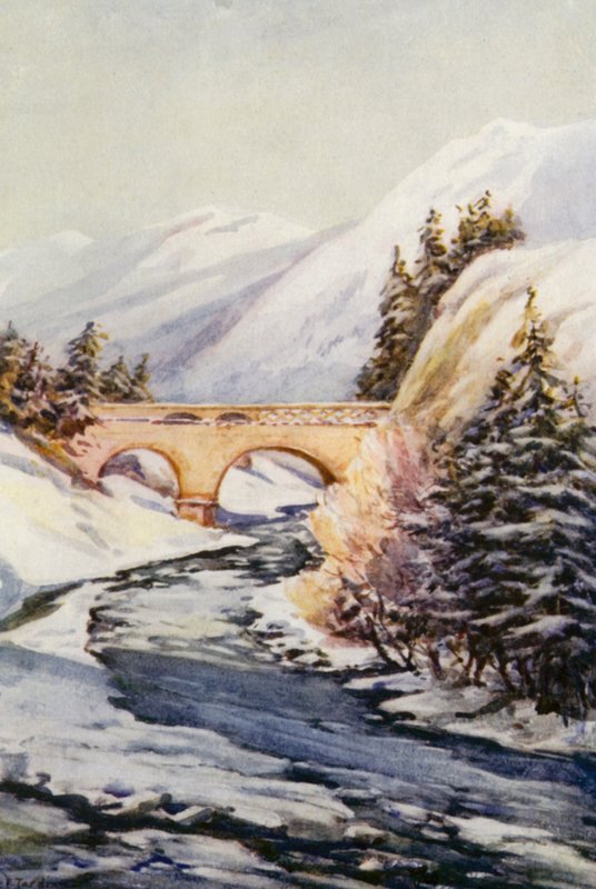 El Rin: El puente del Rin en Thusis (litografía en color) de Effie Jardine