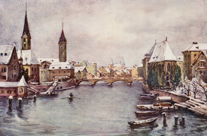 El Rin: El río en Zúrich, invierno (litografía en color) de Effie Jardine
