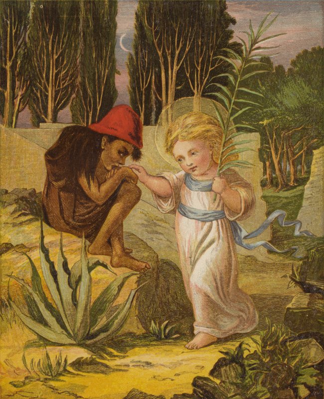 Un pequeño niño sonriente, que llevaba una corona de rayos (litografía en color) de Eleanor Fortescue Brickdale