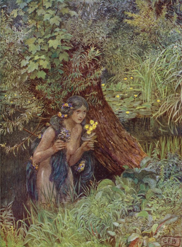 Con buenos mechones verdosos, todos sueltos y desatados, como si cada uno hubiera sido una novia (litografía en color) de Eleanor Fortescue Brickdale