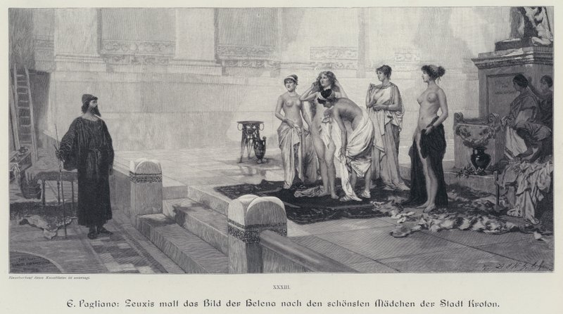 Artista griego antiguo Zeuxis eligiendo entre las mujeres más bellas de la ciudad de Crotona el modelo para su pintura de Helena de Troya (grabado) de Eleuterio Pagliano