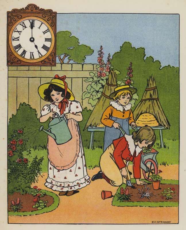 Tiempo de jardinería (litografía en color) de Elise H. Stewart