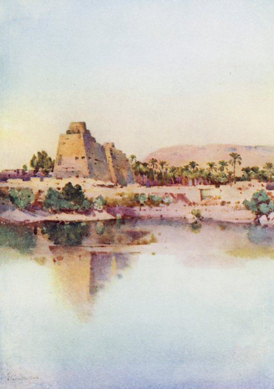 El pilón de Hatshepset en Karnak, desde el Lago Sagrado (litografía en color) de Ella Du Cane