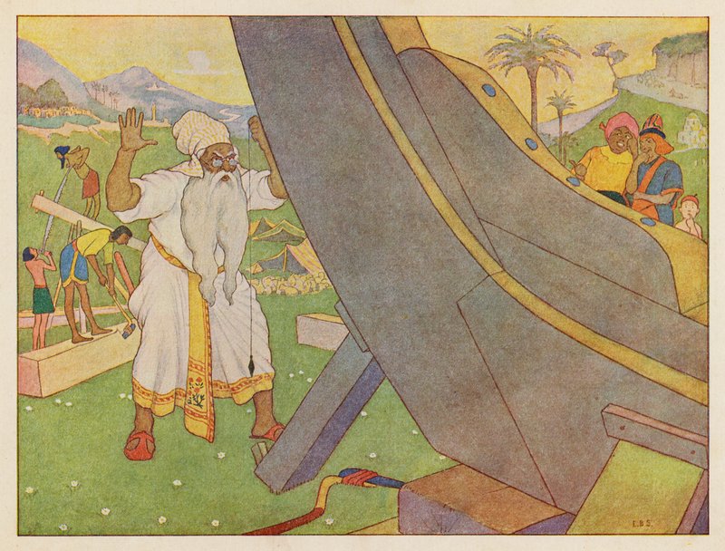 El Arca de Noé: construcción del arca (litografía en color) de Elmer Boyd Smith