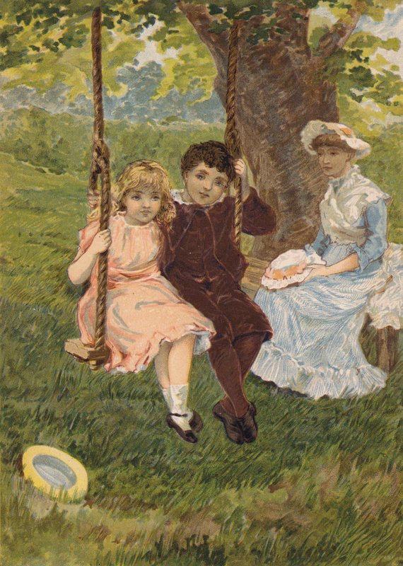 Niño y niña sentados en un columpio (cromolito) de Emily Jane Harding Andrews