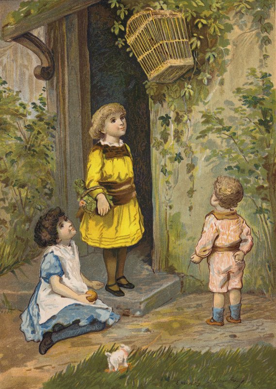 Niños admirando una cesta colgante (cromolito) de Emily Jane Harding Andrews