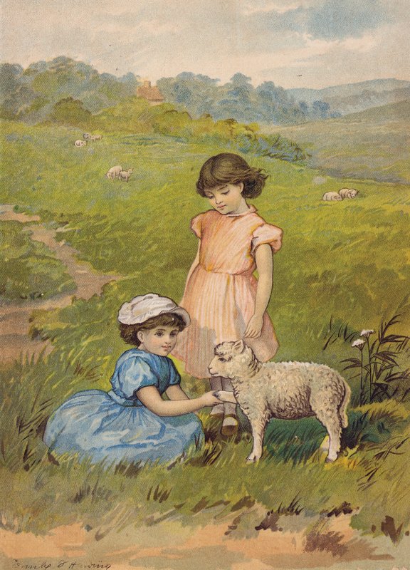 Dos niñas acariciando un cordero (cromolito) de Emily Jane Harding Andrews