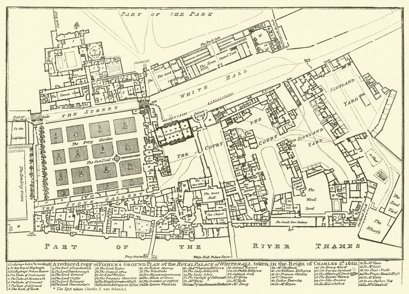 Copia reducida del Plano del Palacio Real de Whitehall de Fisher, tomado en el reinado de Carlos II, 1680 de English School