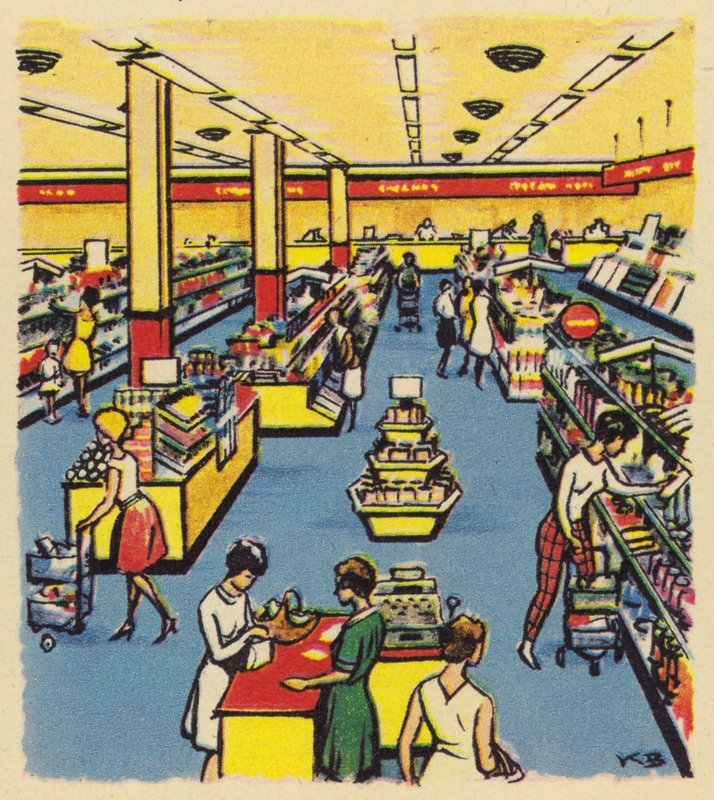 Una tienda de autoservicio o supermercado temprano en Gran Bretaña, c. 1950 de English School