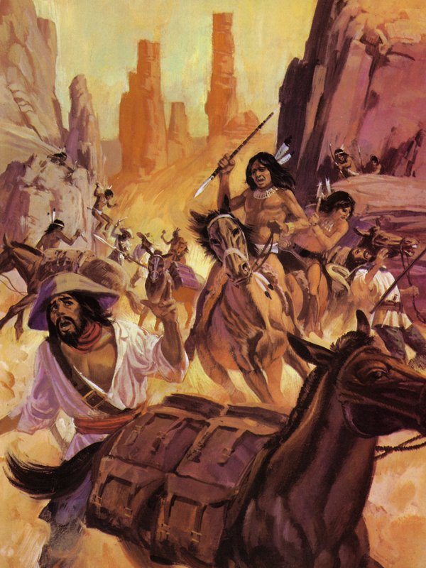 Indios apaches atacando una caravana de mulas cargadas de oro de English School