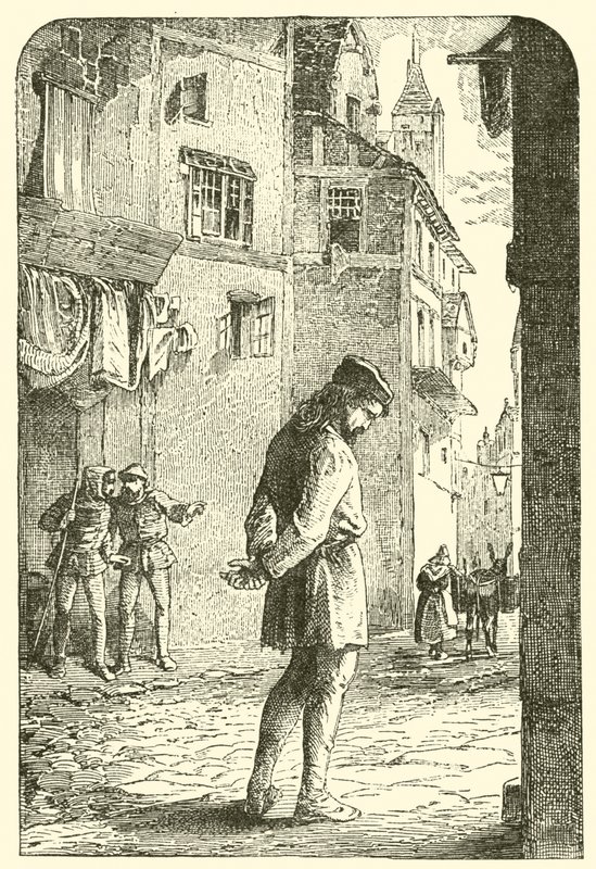Bernard Palissy, el alfarero hugonote, con la cabeza inclinada en las calles de English School