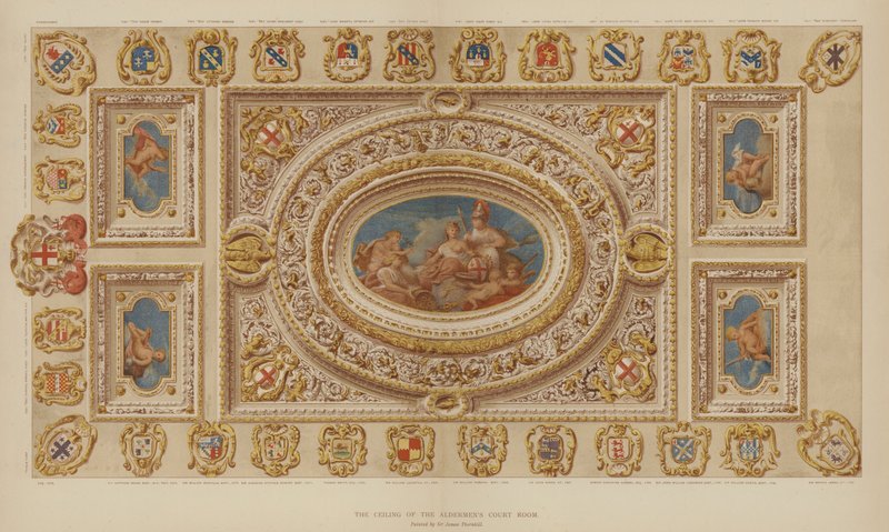 Techo de la Sala del Tribunal de los Concejales, Guildhall, Ciudad de Londres, pintado por Sir James Thornhill de English School