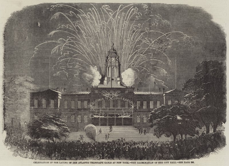 Celebración de la colocación del Cable Telegráfico Atlántico en Nueva York, la Iluminación del Ayuntamiento de English School