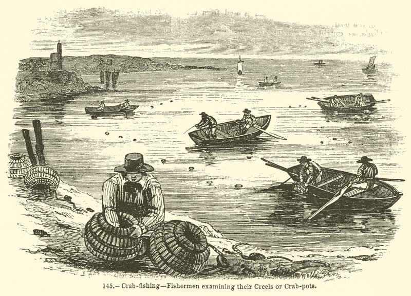 Pesca de cangrejos? Pescadores examinando sus nasas o trampas para cangrejos de English School