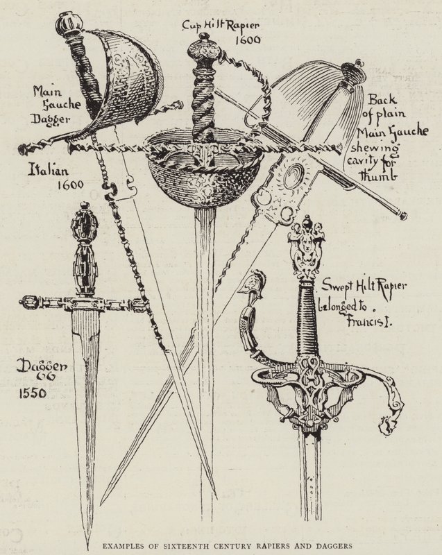 Ejemplos de rapiers y dagas del siglo XVI de English School