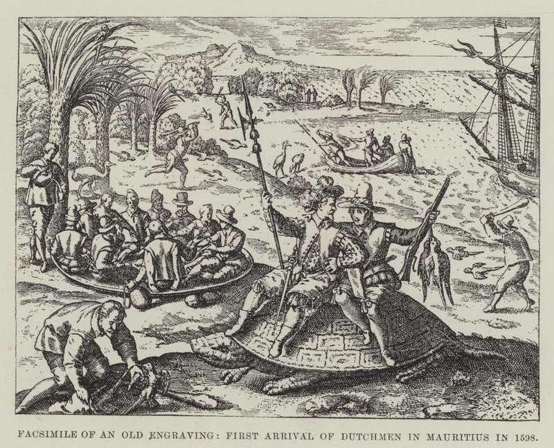 Facsímil de un antiguo grabado, Primera llegada de holandeses a Mauricio en 1598 de English School