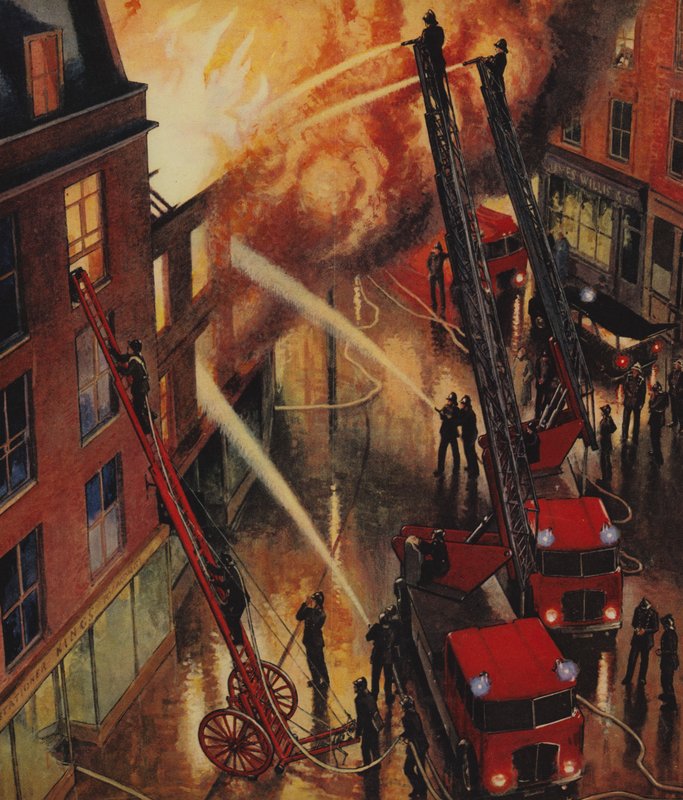Brigada de bomberos en acción, Inglaterra, años 60 de English School