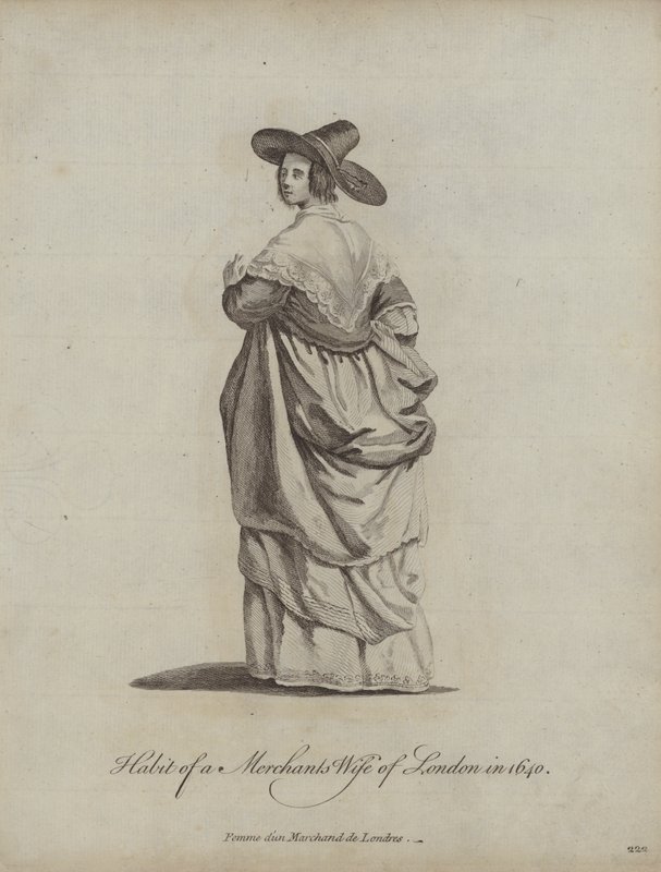Hábito de la esposa de un comerciante de Londres en 1640 de English School