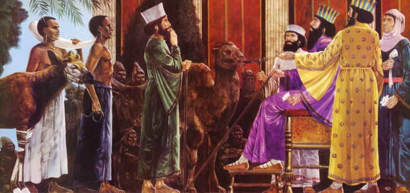Homenaje al rey persa, Darío I, sentado en su trono de English School