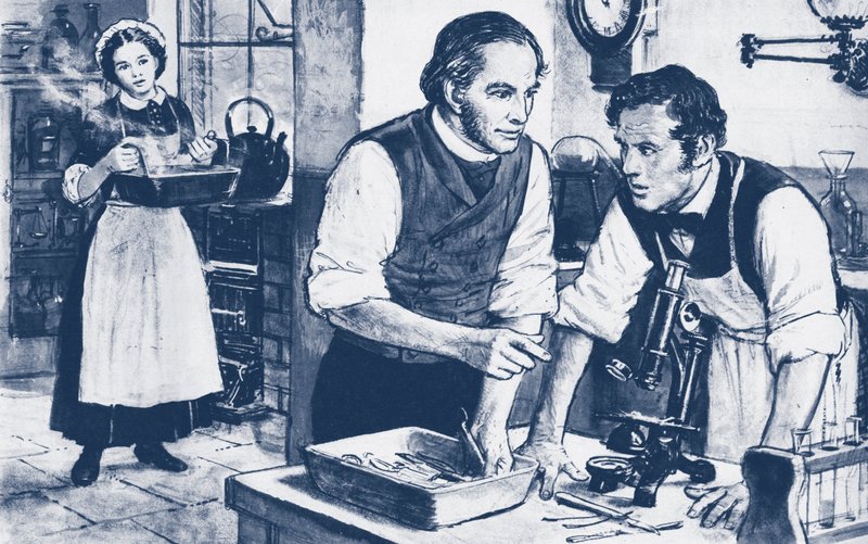 Joseph Lister mostrando microbios en instrumentos quirúrgicos sin lavar de English School