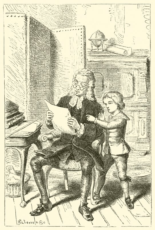 El niño mostrando el dibujo de la escuela de su padre de English School