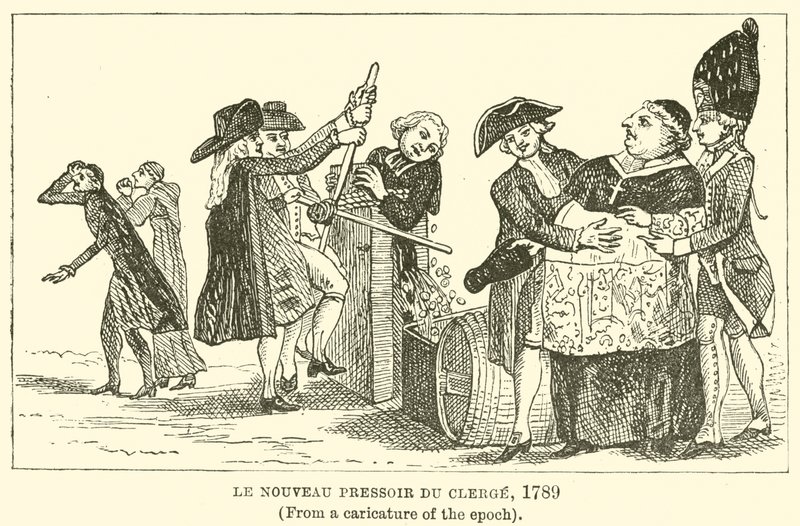 El Nuevo Prensa del Clero, 1789, (De una caricatura de la época) de English School