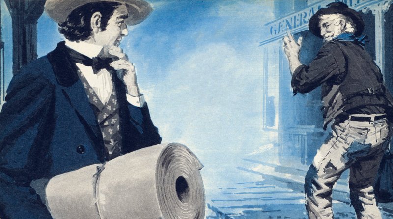 Levi Strauss, llevando su rollo de lona, llegando a San Francisco de English School