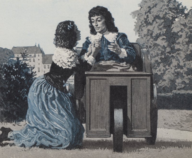Paul Scarron, en su caja sobre ruedas, siendo atendido por su esposa, luego la famosa Marquesa De Maintenon de English School