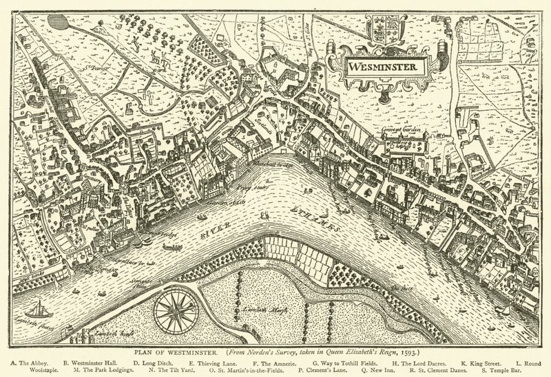 Plano de Westminster, de la encuesta de Norden, realizada en el reinado de la Reina Isabel, 1593 de English School