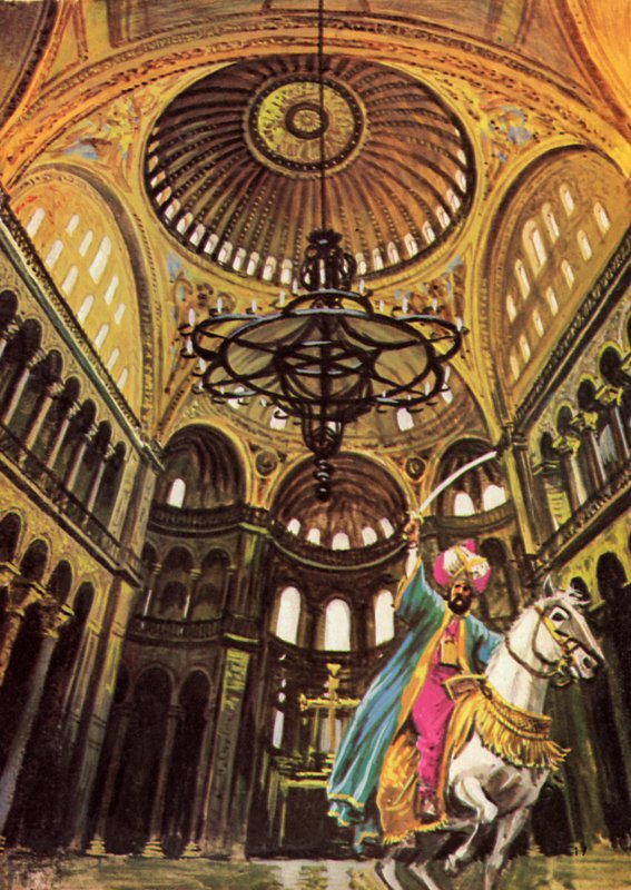 Sultán Mehmed montando su caballo en la gran iglesia de Santa Sofía de English School