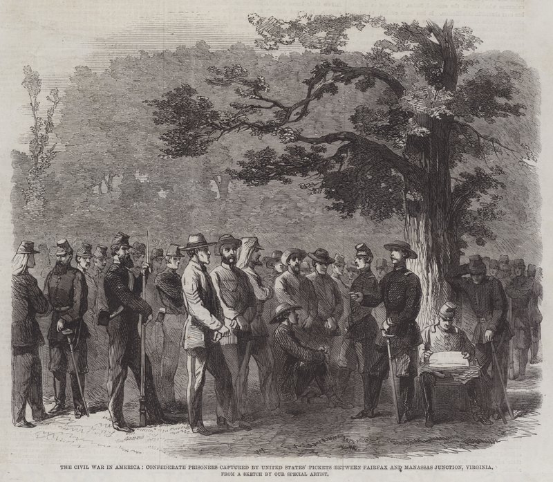 La Guerra Civil en América, prisioneros confederados capturados por piquetes de los Estados Unidos entre Fairfax y Manassas Junction, Virginia de English School