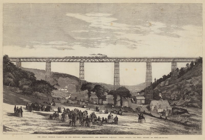 El Gran Viaducto de Crumlin, en el Ferrocarril de Newport, Abergavenny y Hereford, Longitud Total, 1700 pies; Altura, 200 pies de English School