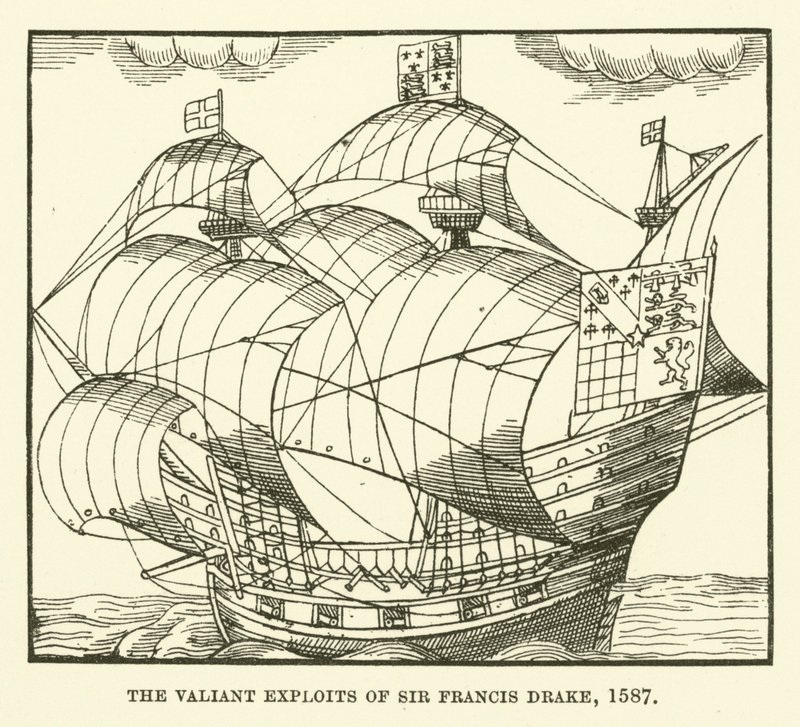 Las hazañas valientes de Sir Francis Drake, 1587 de English School