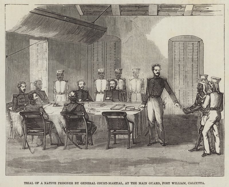 Juicio de un prisionero nativo por consejo de guerra, en la Guardia Principal, Fuerte William, Calcuta de English School