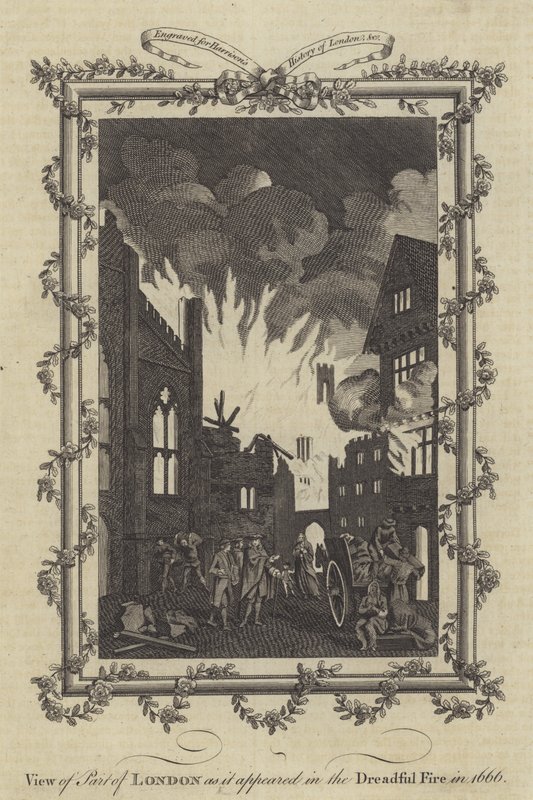 Vista de una parte de Londres como apareció en el terrible incendio de 1666 de English School