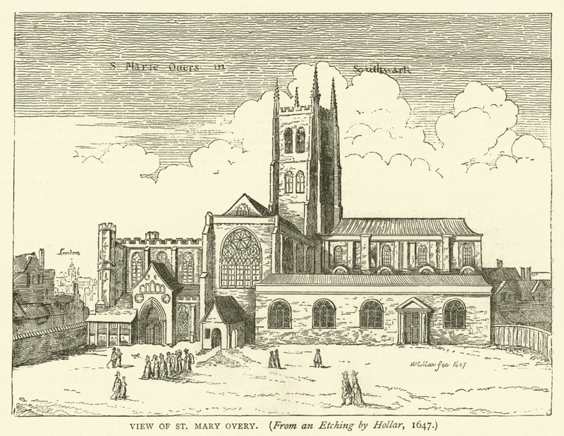 Vista de St Mary Overy, de un grabado de Hollar, 1647 de English School